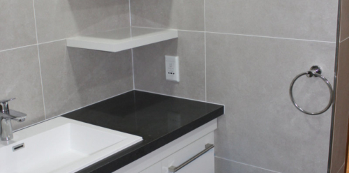 Custom Vanity, Two Drawers with Pull-out Laundry Drawer and Floating Shelves