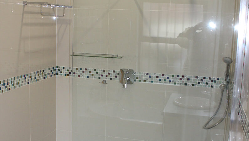 Walk-in Shower with Towel Rack, Glass Shelf and Hand Shower