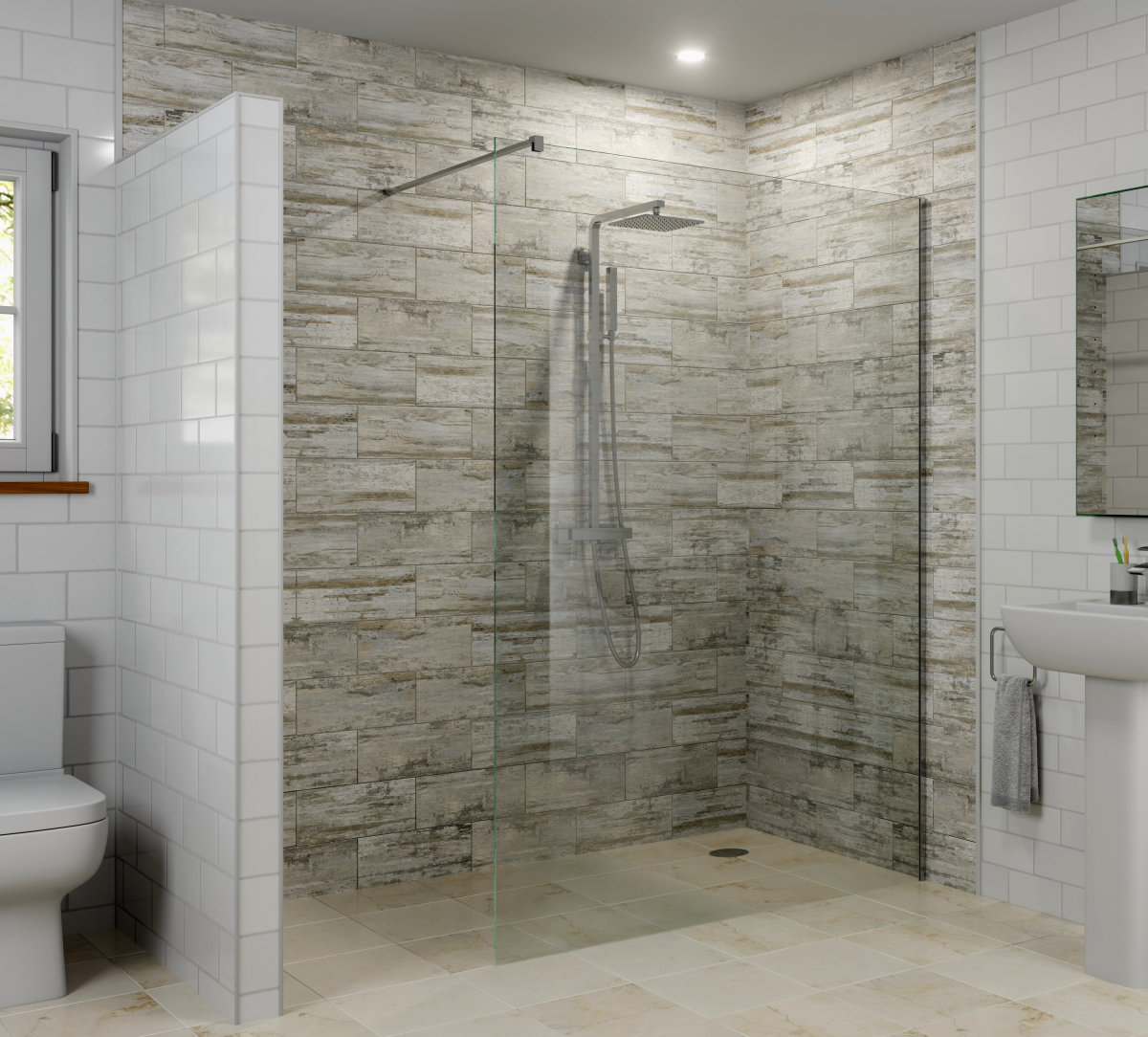 Walk-in Shower with Brick Pattern tiling