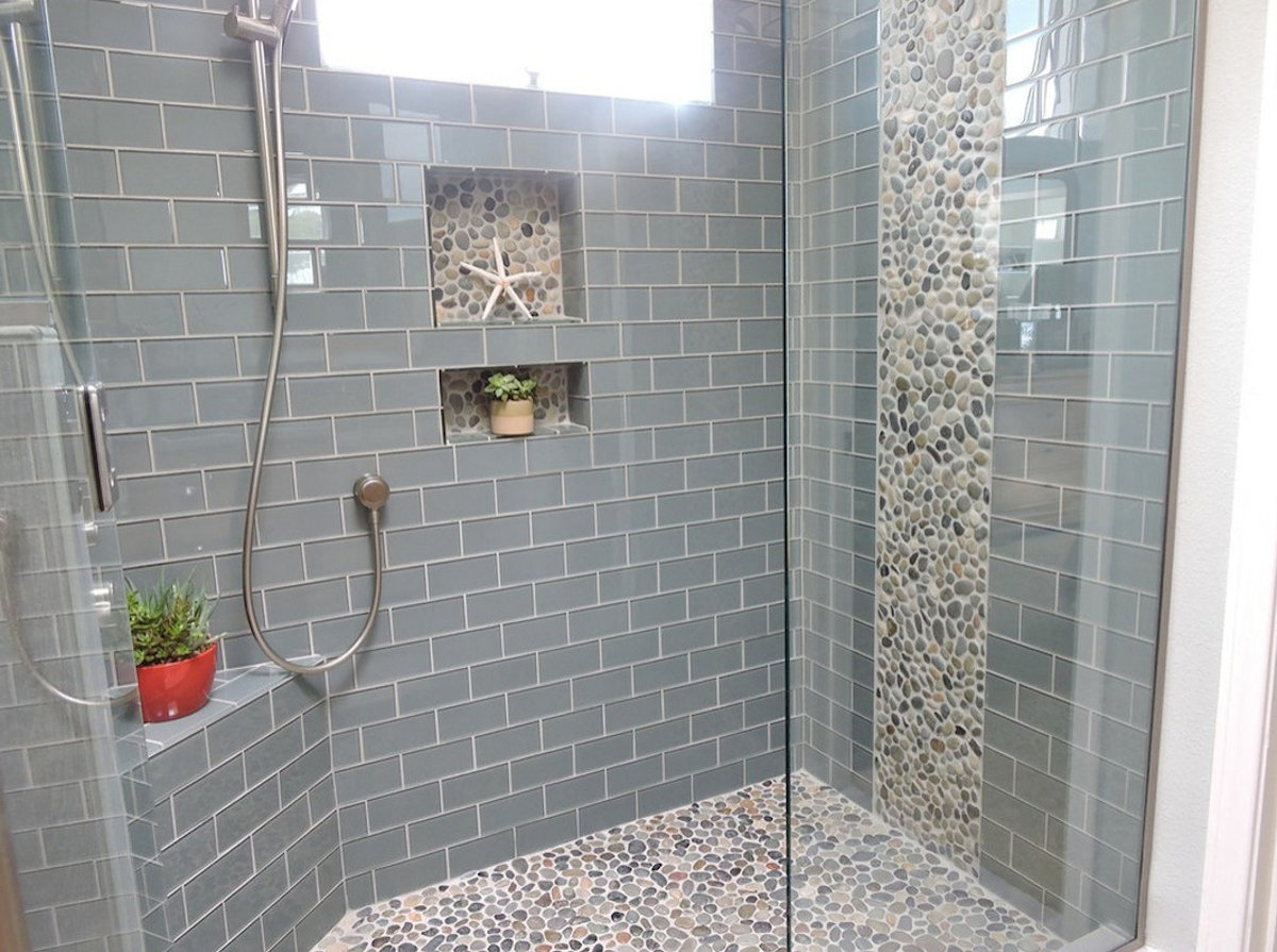 Walk-in Shower with Grey Subway tiles and wall enclaves