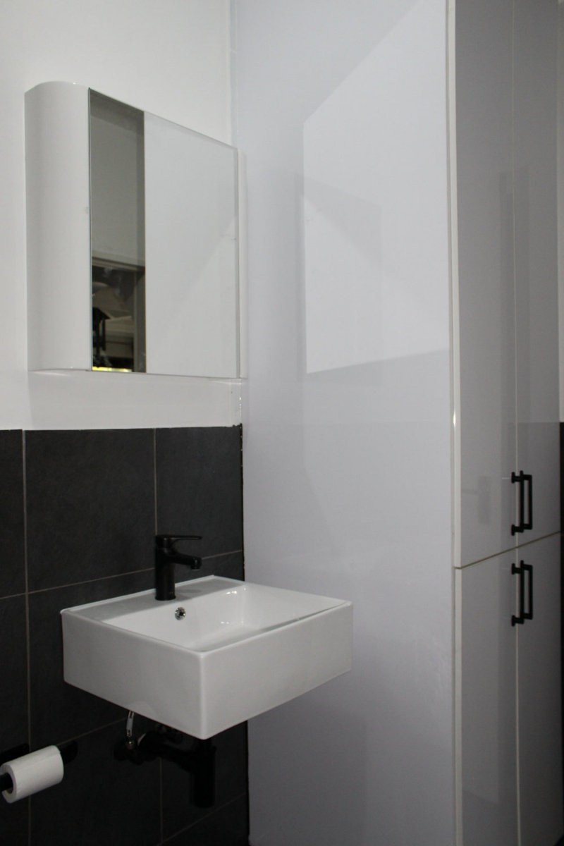 Wall hung Basin, Chest mirror vanity and tall Cupboard