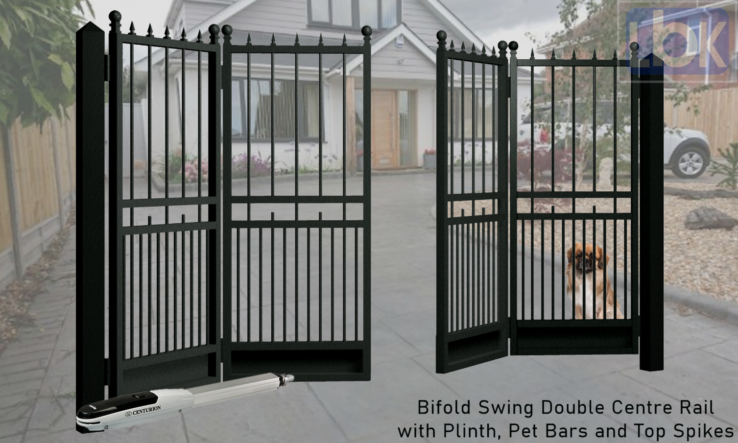 03b Bifold Swing Double Centre Rail with Plinth, Pet Bars and Top Spikes