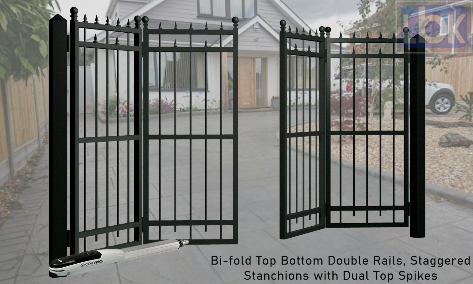 04a Bi-fold Top Bottom Double Rails, Staggered Stanchions Gate with Dual Top Spikes