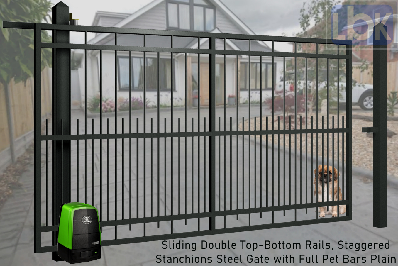 05b Sliding Double Top-Bottom Rails, Staggered Stanchions Steel Gate with Full Pet Bars Plain