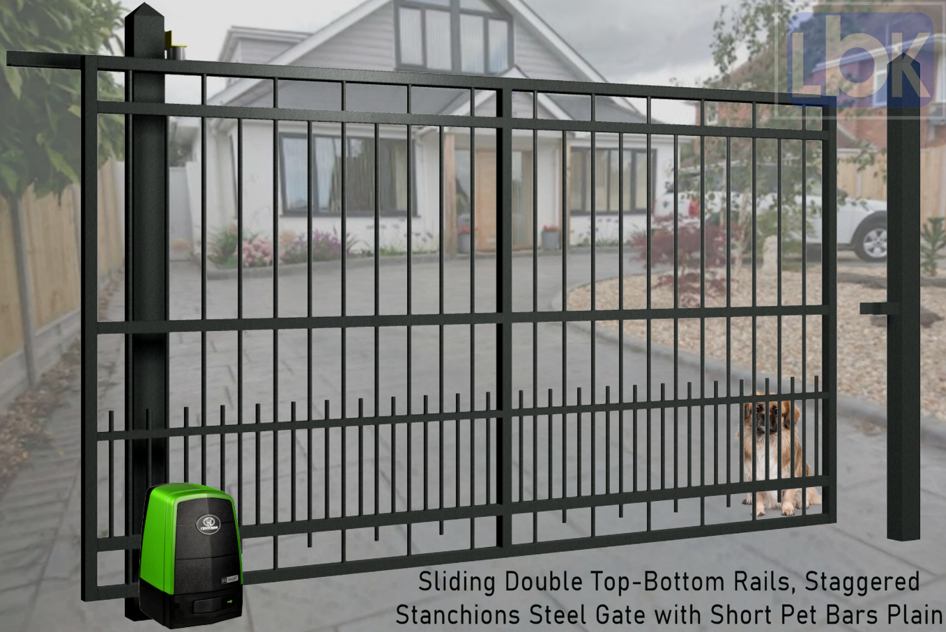 05c Sliding Double Top-Bottom Rails, Staggered Stanchions Steel Gate with Short Pet Bars Plain