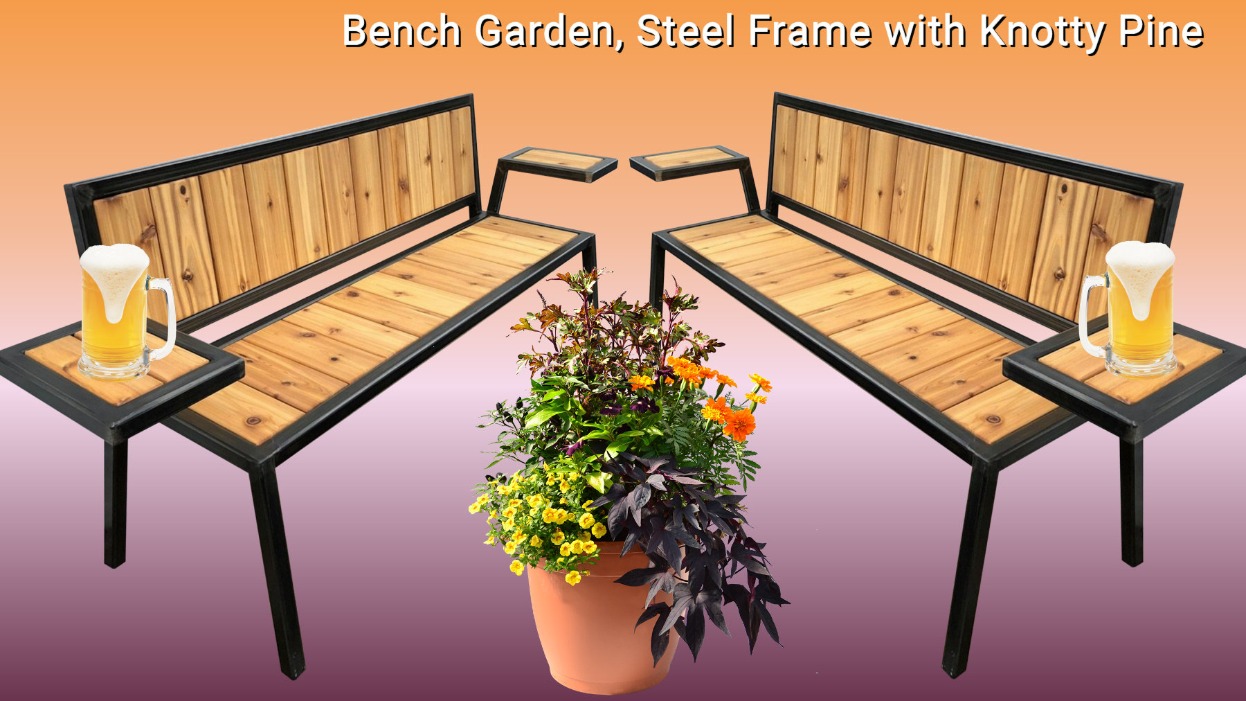 Bench Garden, Steel Frame with Knotty Pine