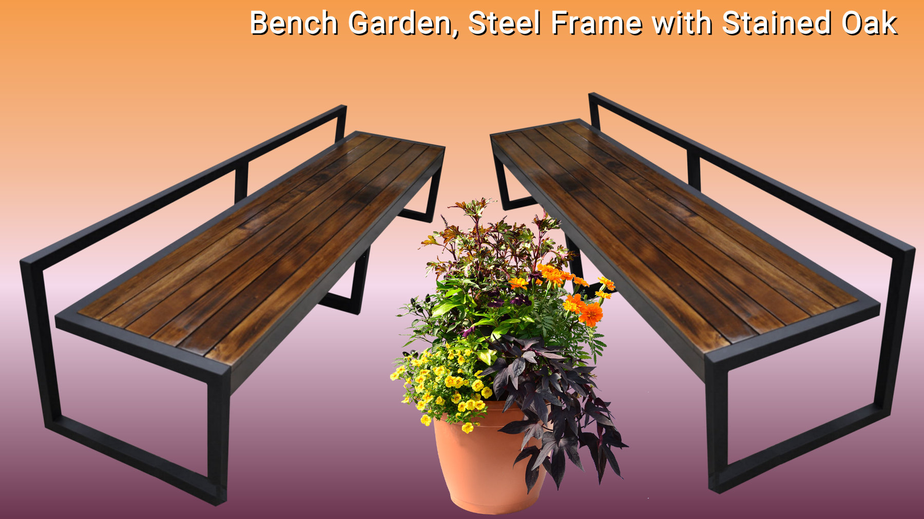 Bench Garden, Steel Frame with Stained Oak