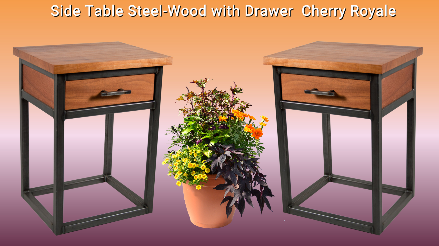 Side Table Steel-Wood with Drawer Cherry Royale