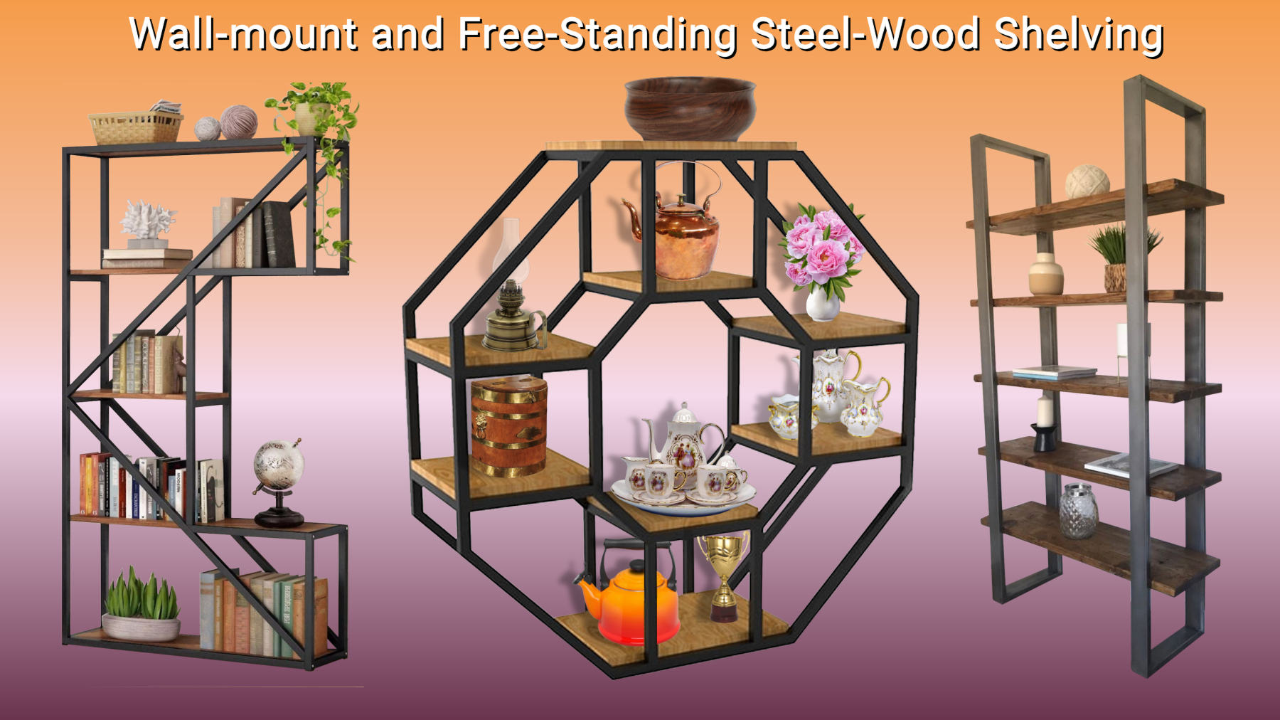 Wall-mount and Free-Standing Steel-Wood Shelving